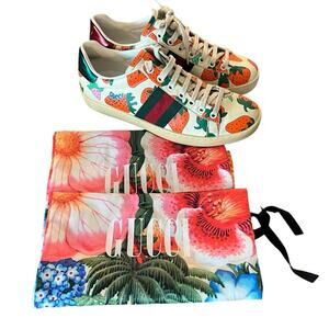 Gucci Ace Strawberry Print Leather Sneakers Low Top Web Stripe EU 37 US 7